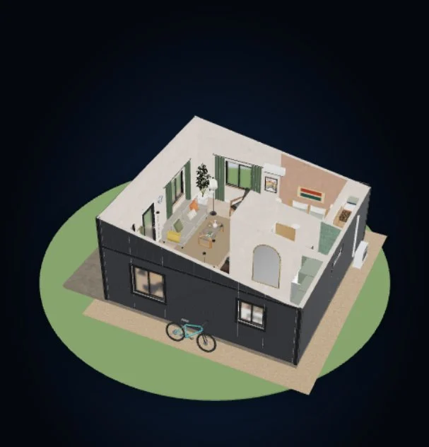 AR model of a small house with the roof removed, showing furnished rooms