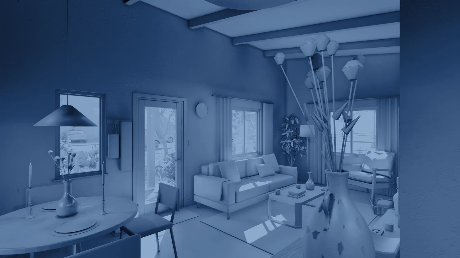 The dining and living room as an untextured model